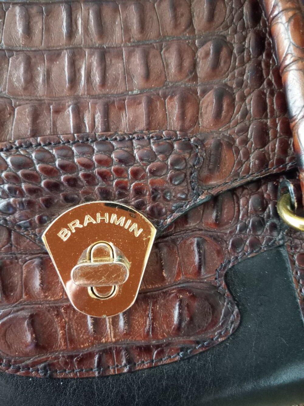 Brahmin Leather Handbag Purse Brown Black Croc Embossed VINTAGE - Picture 3 of 7